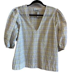 Ganni Plaid Seersucker Puff Sleeve V Neck Top Size M